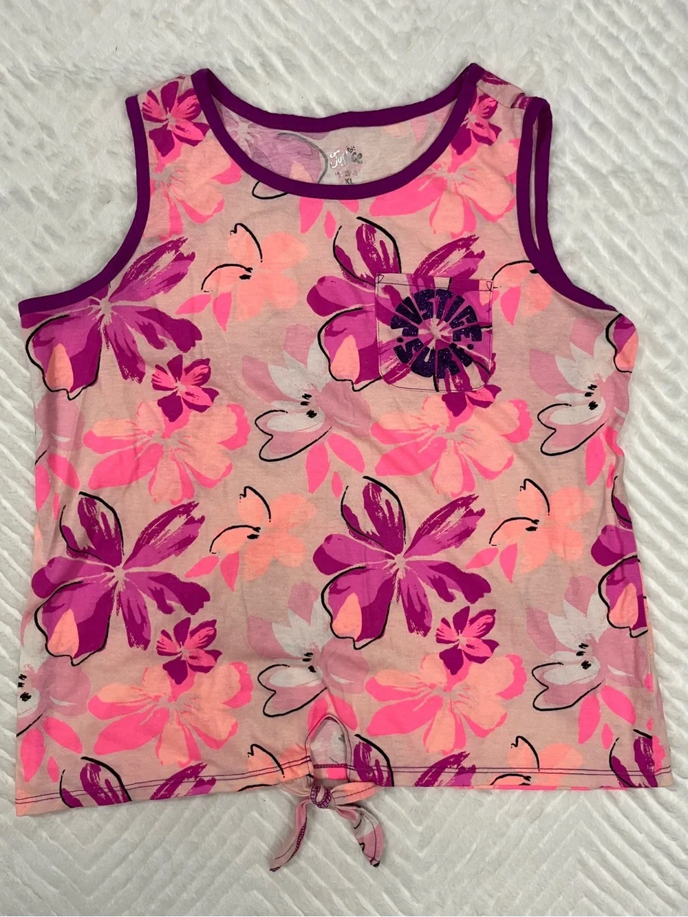 Justice Girls' Floral Tie-Hem Tank Top Pink Purple Sequin t shirt size xl